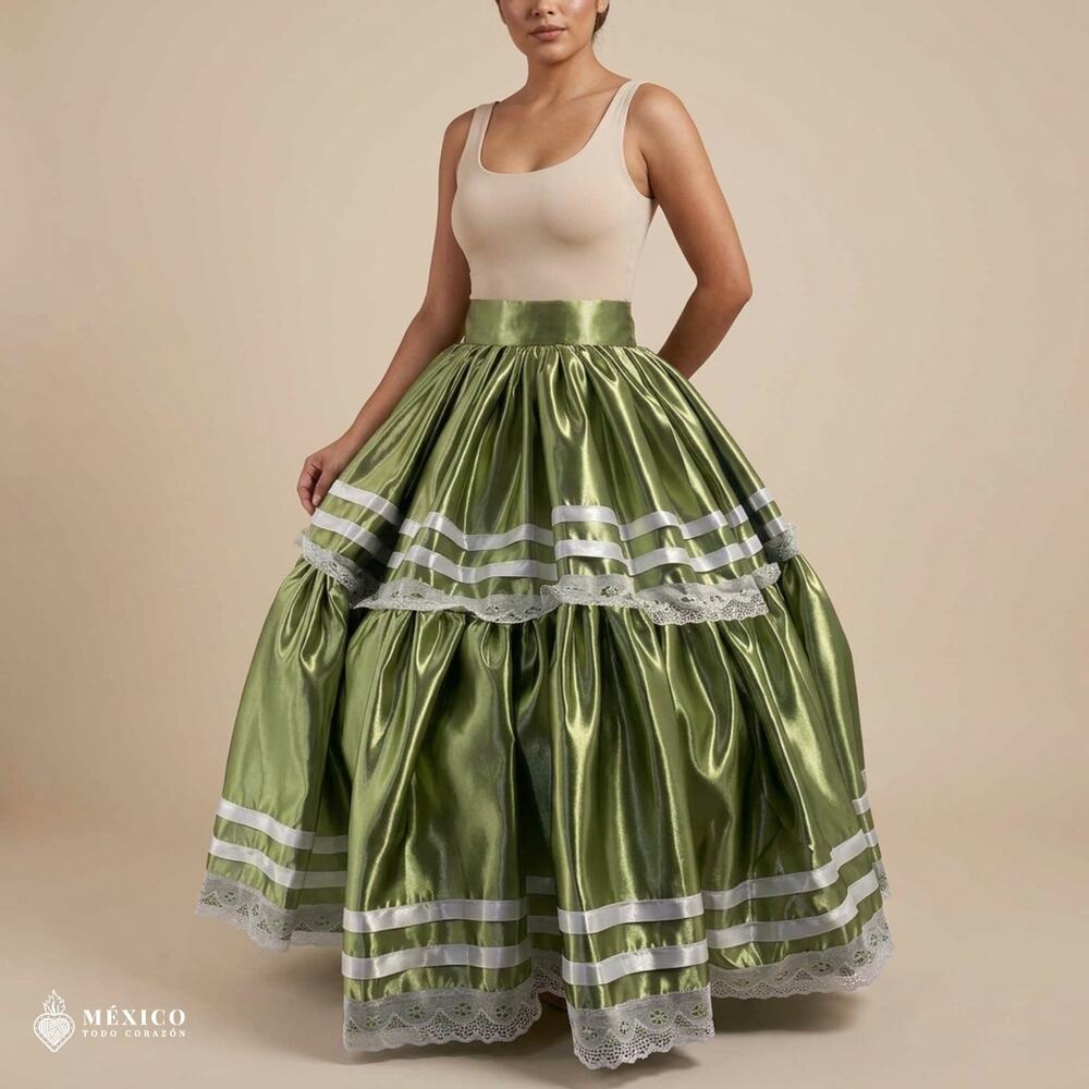 Mexican Folkloric Double Circle Skirt – Satin with Lace Trim & Adjustable Waist